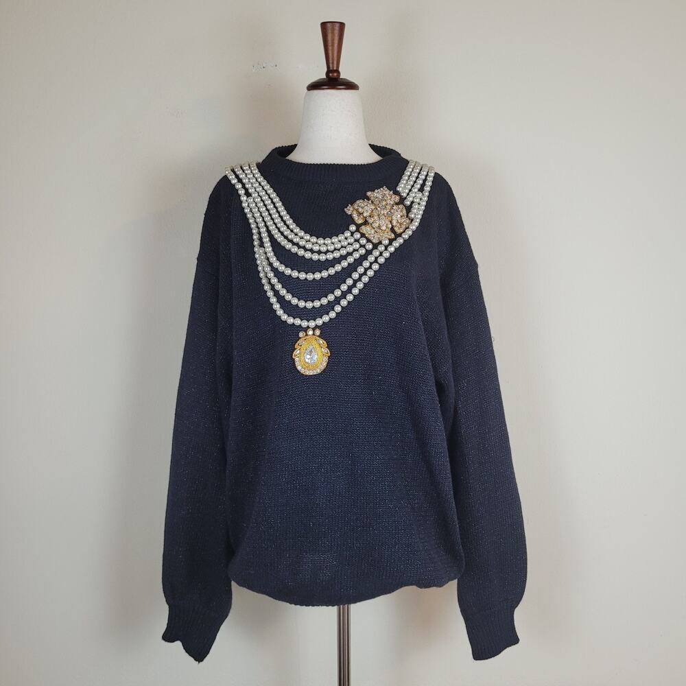 VTG Bonnie Boerer Sweater Med Black Oversized 80s Novelty Statement Embellished